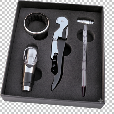 Set de accesorios para vino con sacacorchos, termómetro, anillo antigoteo y vertedor en un estuche negro